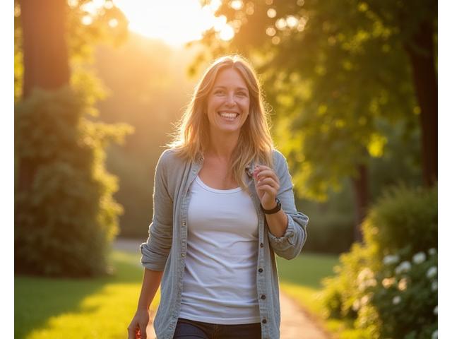 Founder Sarah Jenkins, smiling and walking through a serene Austin park.