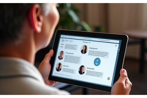 Adults laughing and conversing in an online forum interface on a tablet, symbolizing peer encouragement.