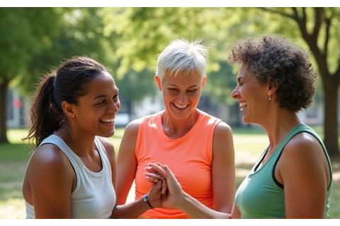 A diverse group of adults smiling and celebrating a shared fitness milestone together in a park setting.