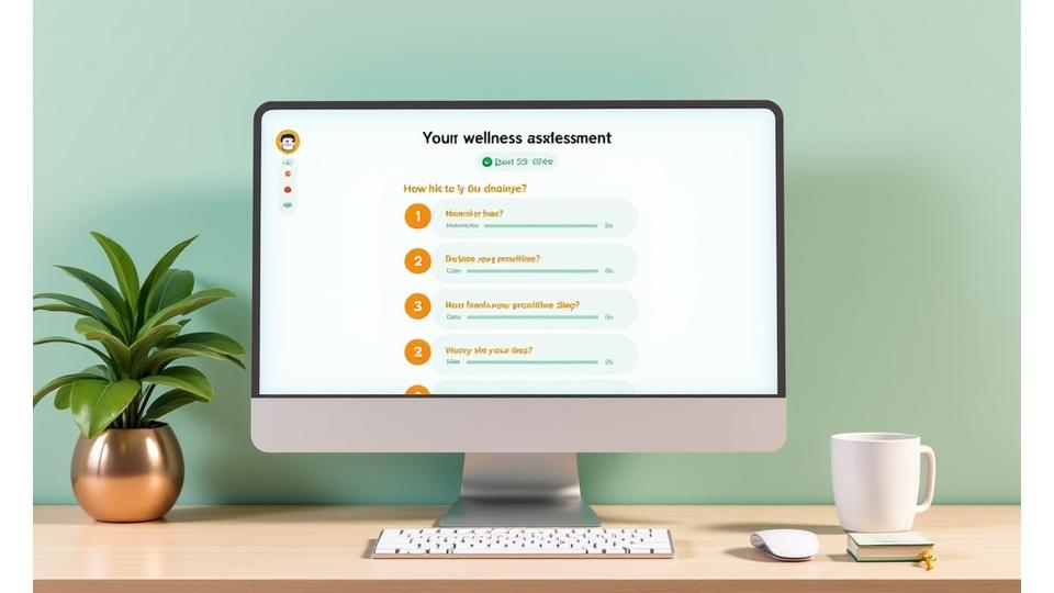 Screenshot of a multi-step wellness assessment form with progress bar and questions about sleep, diet, and stress.