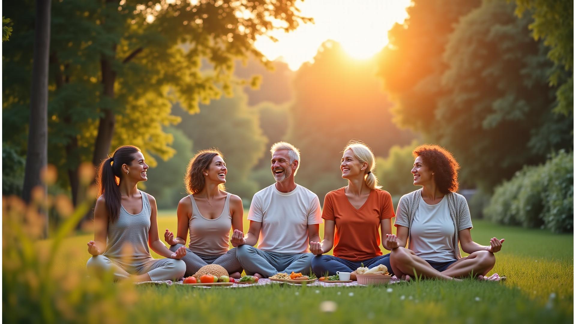 Diverse group of adults 35+ engaged in vibrant wellness activities like yoga, healthy cooking, and outdoor walks, with a warm, inviting feel.