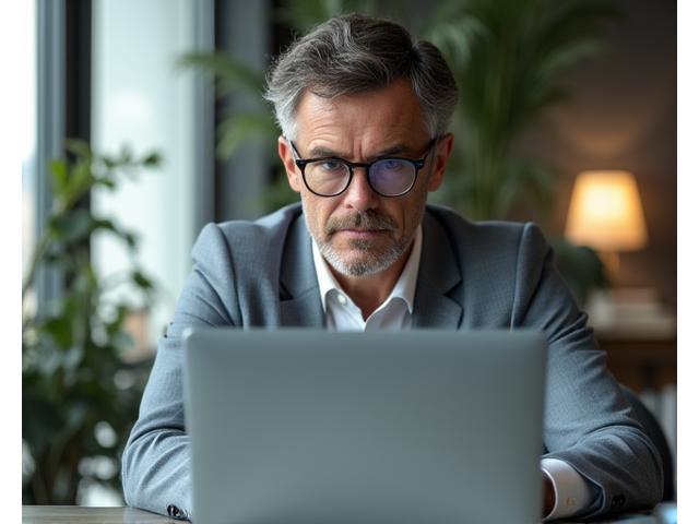 Professional looking at a laptop with a calm expression in a modern office