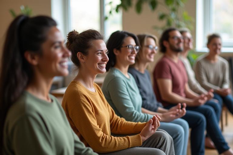 Group of diverse adults participating in a mindfulness workshop in a bright, inviting space in Austin
