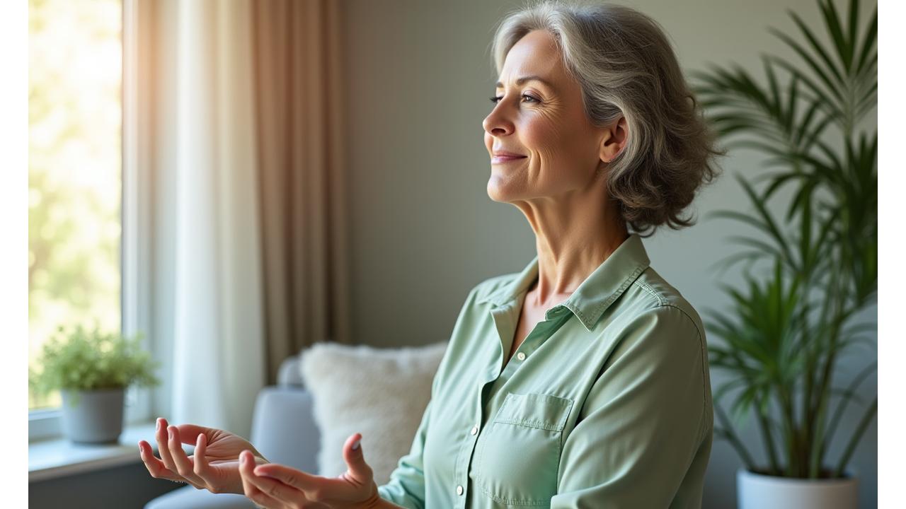 Woman meditating peacefully in a home office, balancing career and personal life