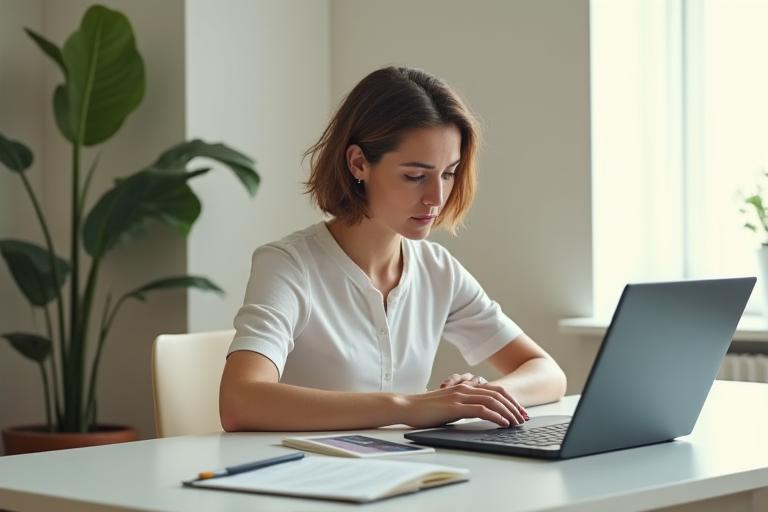 Person using a laptop at a neat desk, practicing mindful focus