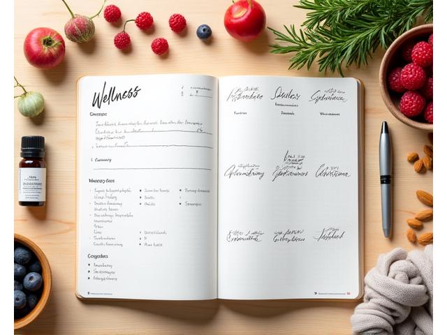 Hands writing a personalized meal plan in a wellness journal amidst fresh fruits, vegetables, and a supplement bottle.