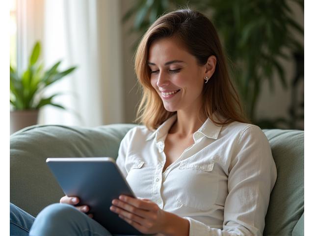 Woman in her late 30s smiling and taking notes during a virtual coaching session on a tablet, with a vibrant yet calming green backdrop.