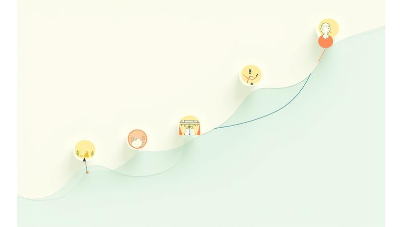 Illustration of a flowing timeline with abstract icons representing assessment, planning, coaching, and long-term wellness, set against a background reflecting natural growth.