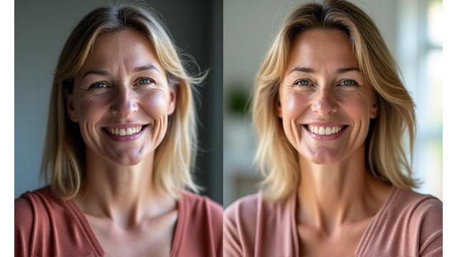 Before/after split image of Sarah, showing a tired expression on the left and a vibrant, energetic smile on the right.