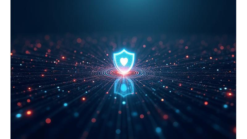 Digital fortress with glowing shield and abstract security layers, representing data protection