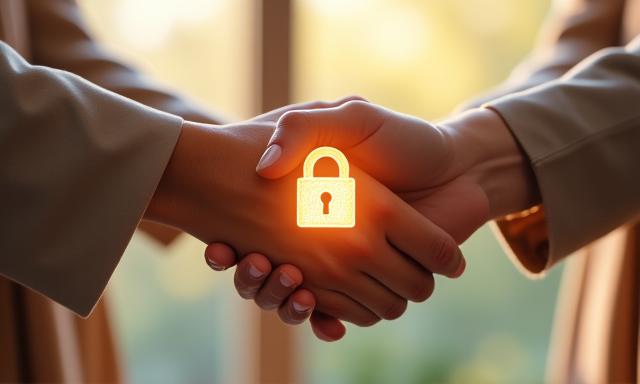 Two hands shaking with an abstract secure lock icon between them, representing trusted data partnerships
