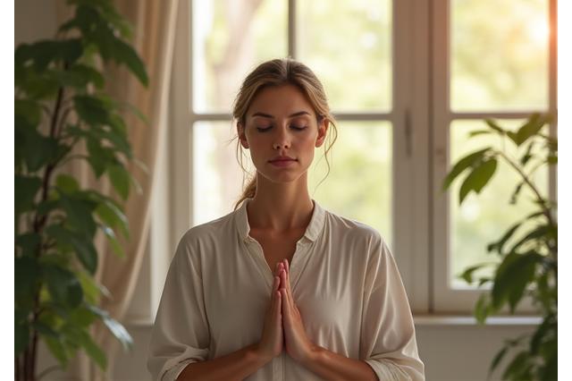 Serene woman practicing mindfulness or meditation amidst soft, natural light, conveying peace and emotional balance.