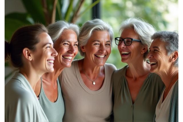 Group of diverse women (40s-60s) laughing and looking vibrant together, symbolizing sisterhood and shared success in wellness.
